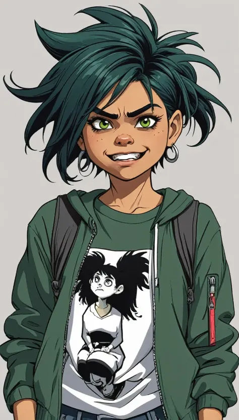 a little bad girl, 1 garota, angry expression, grandes olhos verdes exagerados, nariz pontudo, dentes afiados, Messy hair , e desgrenhado, gritante, carrancuda, Hands on hips, caricatura, estilo de desenho animado, recursos exagerados, , dynamic pose, humo...