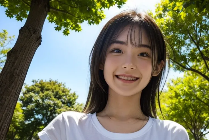 Masterpiece, top quality, high definition, artistic composition, 1 girl, upper body, composition from below, smiling, cotton shirt, looking at me, blue sky, sunlight through trees, casual, portrait, warm, reaching out