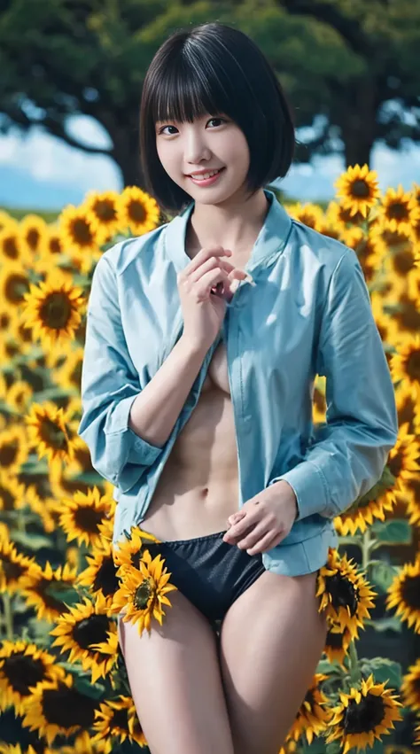 最high quality、high quality、Best image quality、8k,Sunflower print bikini,short hair:1.4,smile、最High resolution、High resolution、最high quality、masterpiece、RAW Photos、whole body写真、Detailed and realistic human body、Detailed and realistic skin、Realistic face in ...