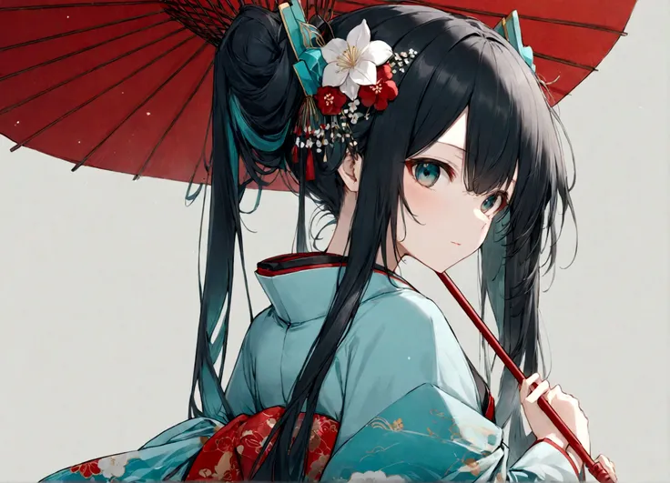 A woman in a blue kimono holding a parasol。Heian period。Red Umbrella。Standing with your back turned。Angle from the back。Hatsune Miku with black hair。