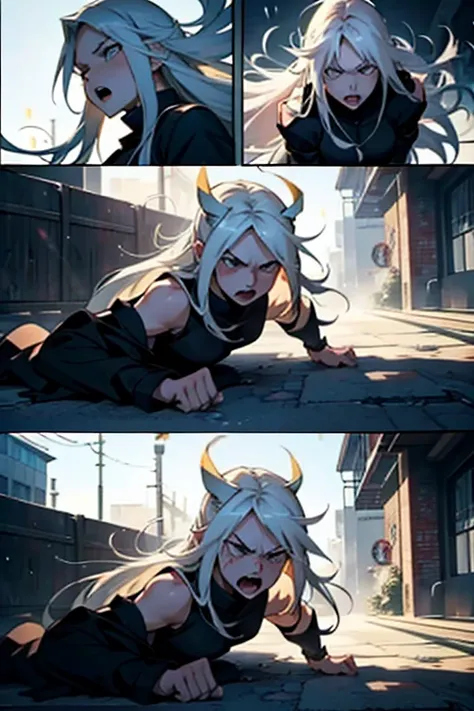 Girl with long white hair laying on the ground defeated getting extremely angry and screaming, intense fighting scene and expressions, manga page with panels and dialogue 