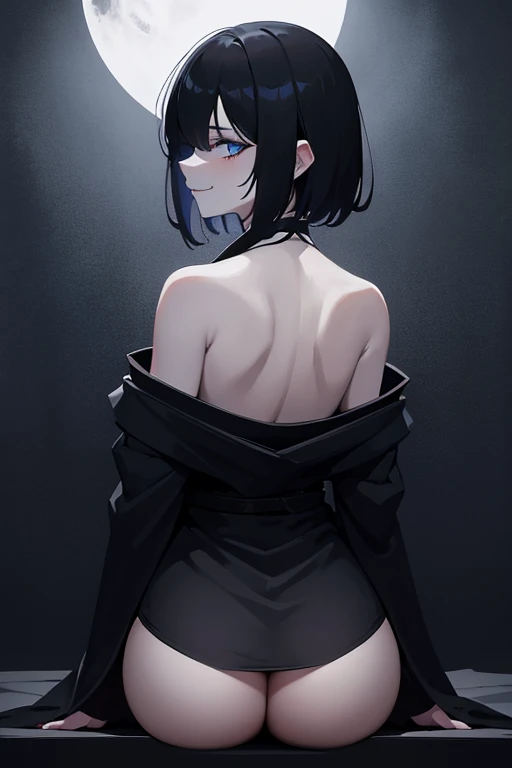 possessed woman, (dark theme:1.5) sitting, back view, looking back, short straight black hair, wearing kimono, long stockings, bang covering one eye, excited blue eyes, naughty smile, dark atmosphere, suggestive (best quality:1.2), (absurdres:1.2), (detail...