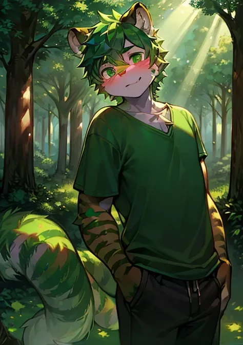 (Trees，many trees，copse，Emerald，Green gemstones，Trees，Light shines through the leaves，), male_important,hairy, 1 boy,Green tiger,  (detailed_background,amazing_background),Dark green fur,  Tiger Boy,  Green short sleeves，simple, Tiger Tail,(Many Tails), Li...