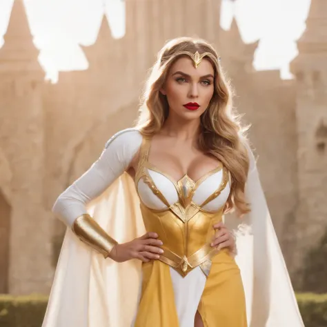 She-ra, the princess of power, red lips ((huge hard breasts, thick, very round)) ((small thin ass) very thin, thin hips. wearing a short white dress, yellow boots, armor on her belly, a small red cape on her shoulder. standing in front of the crystal castl...