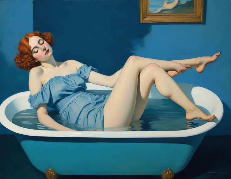 painting of a woman laying in a bathtub with her legs up, inspired by Jean-Auguste-Dominique Ingres, with a blue background, inspired by Jean Auguste Dominique Ingres, inspired by Jean-Jacques Henner, inspired by Robert Lenkiewicz, john schoenherr, inspire...