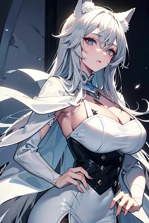 best qualtiy，tmasterpiece，The is very detailed，4K，Gray hair and shallow eyes，Drag cool expressions，Wolf ears，Erect scar on the left eye，British style，1girl，Absolutely beautiful, big bust, white costume