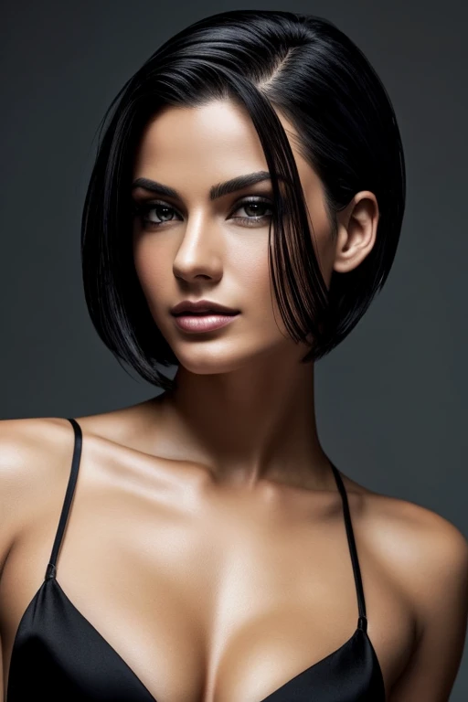 Gorgeous european woman with very short straight hair, short hair, wet hair, hair slicked back, combed straight back, slick hair, black gradient hair, super sexy and seductive, cleavage, solid dark grey background