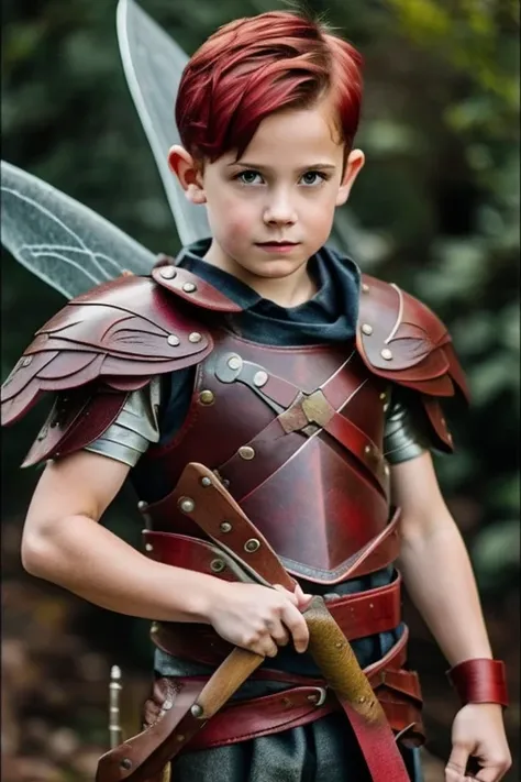 faery, red wings, short bob hair,  boy, warrior, axes, leather armor