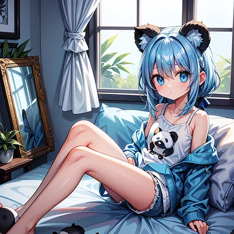 A young girl, with shoulder-length blue hair, and blue eyes, wearing a fluffy sweatshirt and short blue shorts. She is sitting in a white room next to a window. She is looking out the window. She has small panda ears. Soft lighting, cute room decorations. ...