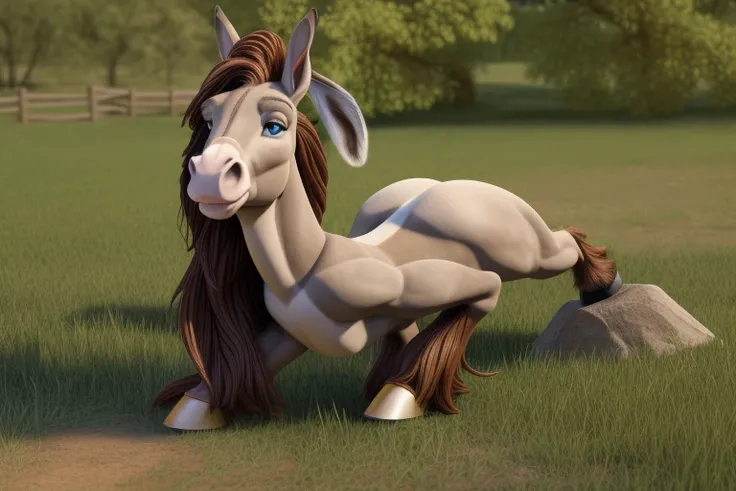 ((Cartoon Naked solo Woman outside in grass opened field), ((on all four hooves)), ((long donkey tail)), ((wider hips)), ((woman reposition herself into horse stand)), (hands turns into hooves)), ((feet turns into hooves)), ((donkey ears)), ((donkey fur gr...