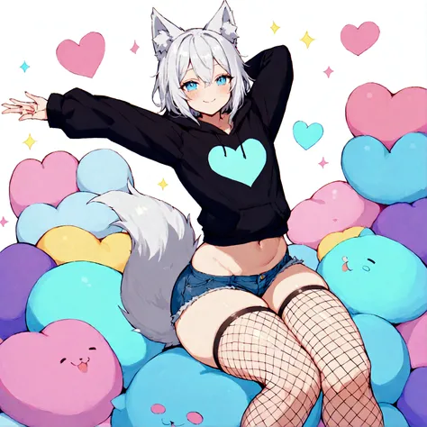 a cute adult male with wolf ears, white hair, has a wolf tail, wearing a loose cropped oversized black hoodie, wearing a pair of denim short shorts and fishnet stockings, thick thighs, wide hips, relaxing on mound of fluffy multi colored kawaii plushies, s...