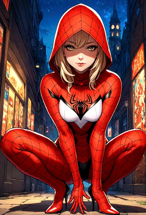 g_s, 1girl, hood, superhero suit, looking at viewer, squatting, front view, spreading legs, superhero suit， platform heels, solo。anatomical correct