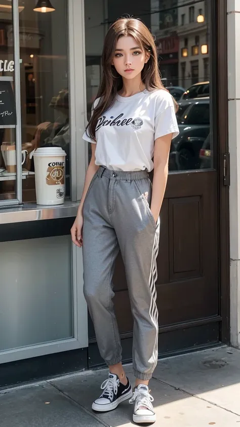 Chica, ojos brillantes, Rubor, perfect lighting, long brown hair, ojos color nuez, side lighting, cara detallada, linda, Piel brillante, background of standing outside inside a coffee shop, pantalon vaquero anchos color gris,converse negros,top blanco con ...