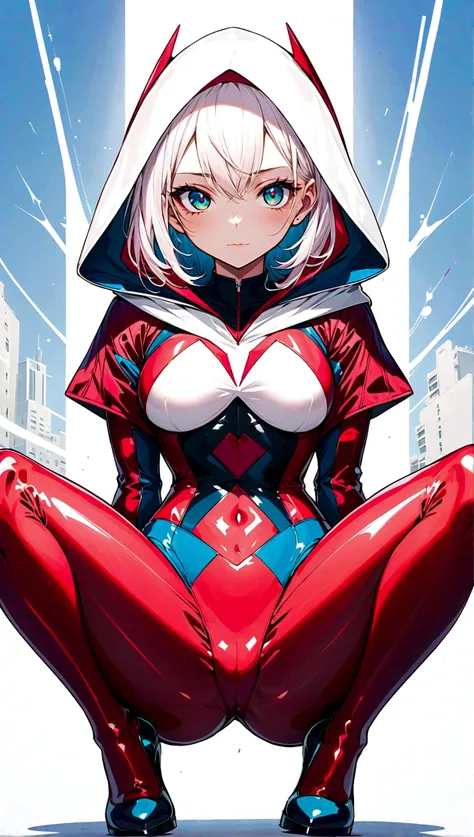 gwen 1girl, hood, superhero suit, looking at viewer, front view, spreading legs, superhero suit， platform heels, solo。anatomical correct