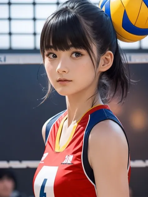 16k, hdr, masterpiece, a girl, (((colorful hair, volleyball outfit))). half-length side view, anime style illustration with hype...