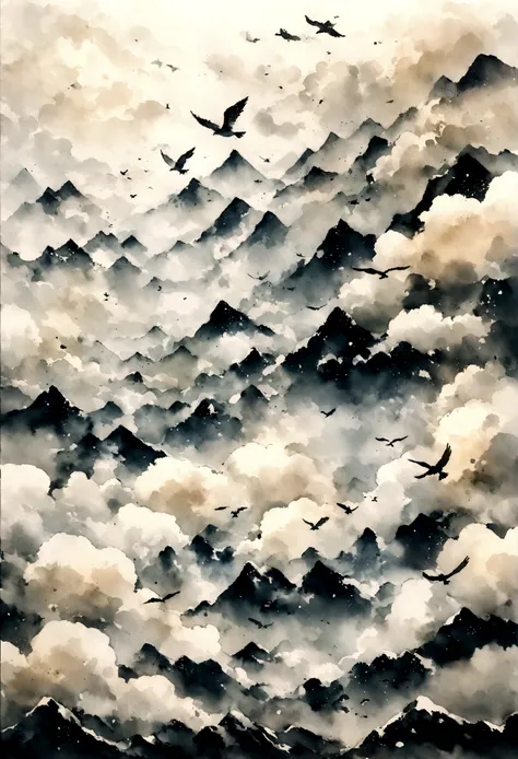 masterpiece，A mountain on white paper，Expressed in ink only々There is also a sea of clouds and moonlit nights、pale touch、ink and watercolor painting，（（jasmine flowers）），（Birds fly over the hills：1.3）