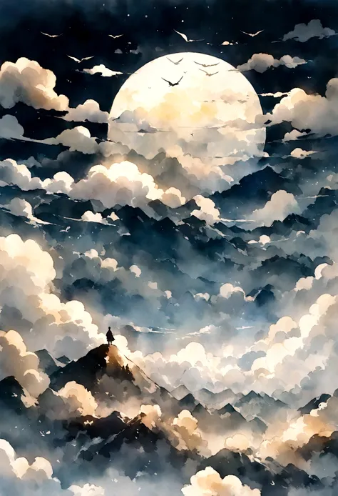 masterpiece，A mountain on white paper，Expressed in ink only々There is also a sea of clouds and moonlit nights、pale touch、ink and watercolor painting，（（jasmine flowers）），（Birds fly over the hills：1.3）