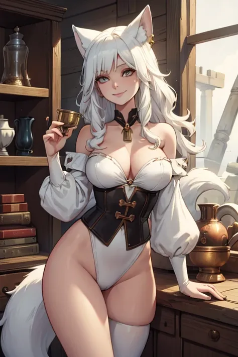 A young white haired fox woman with copper eyes and an hourglass figure and white fox ears and a white foxy tail in a pirate outfit is smiling with a cold coin in her hand