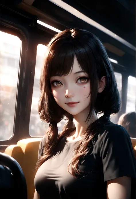 realistic photos of cute Korean star female, uneven twintails, thin makeup, medium breasts size, slightly smile, color t-shirt, in the bus, clear facial features ofsharp and realistic details, Sony FE, 35mm, cinematic lighting, high details, UHD, high qual...