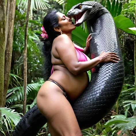  Pregnant Topless pink  thong wearing aroused horny beautiful happy  mature Indian woman  vs  Giant black anaconda    monster wrapped around her body squeezing her in coiled embrace cuddling and kissing  sexual erotic bestiality  sex  realistic in the rain...