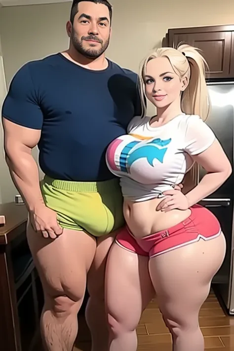 High resolution, (((two people in picture))), (one is a mature white girl, (((bimbo))), thick, long blonde, ponytail, she is smiling , very big wide hips, thick thighs, hourglass figure, small round breast, ((shes wearing dolphin shorts))), (the other is a...