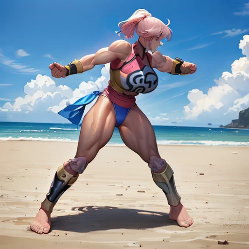 maam im mma fight,sport bh, naked,muscular body, female bodybuilder, fight on beach, dominate pose, muscle flexing, barefoot, to...