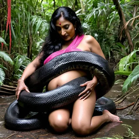  Pregnant Topless pink  thong wearing aroused horny beautiful happy  mature Indian woman  vs  Giant black anaconda    monster wrapped around her body squeezing her in coiled embrace cuddling and kissing  sexual erotic bestiality  sex  realistic in the rain...