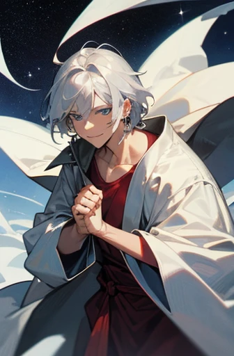  clavicle, Bushes, Flowers, middle part, A little curled, Silver Necklace, Earrings, Face close-up, bangs, white gauze coat,White male、Silver Hair、blue eyes、Holding a red handbag、An inappropriate smile、Dark Wizard, 30-year-old man, young, sexy, Subjective ...