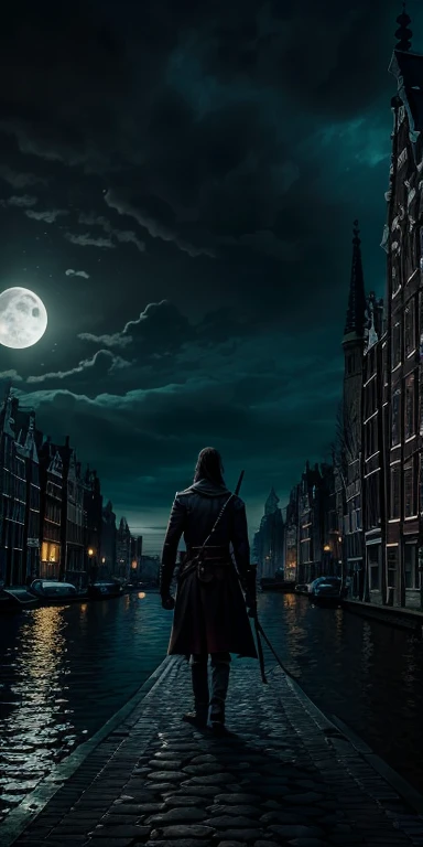 Van Helsing from Netherlands stands imposing in a gothic lost Amsterdam city. Moonlight highlights your muscles and scars. The scenery is lush and mysterious, with retrofuturistic tech and surroundings. The camera details everything.  