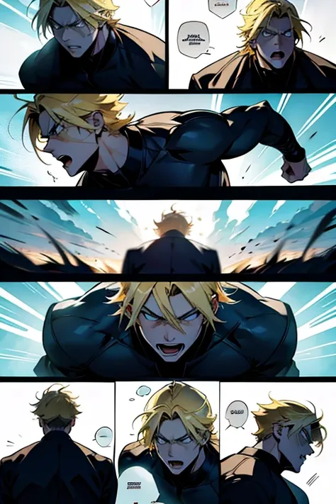 Anime guy with blonde hair fighting and getting hit, intense fight scene and detailed expressions, manga page with panels and dialogue 