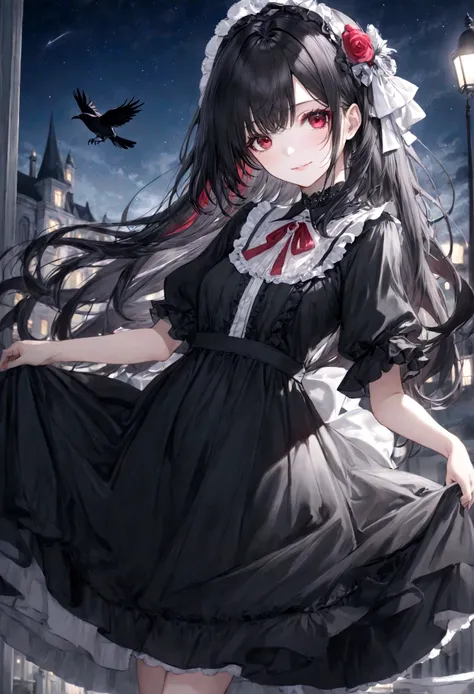 (top-quality)), ((​masterpiece)), ((ultra-detailliert)), (extremely delicate and beautiful), raven black hair, long straight hair, beautiful woman, gentle smile, ruby red eyes, black and white dress, knee length dress, layered dress, lolita styled dress, n...