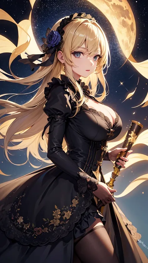 masterpiece, high quality, 4K, Beautiful design, silhouette，blonde， 非常に詳細な夜のStarry Sky,Flower Field， wonderful, Finer details,  Very knowledgeable woman, Highly detailed solo, 1 female,Big Breasts，Gothic Lolita Fashion，２he&#39;Cross your guns in front of y...