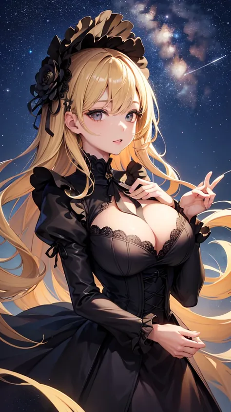 masterpiece, high quality, 4K, Beautiful design, silhouette，blonde， 非常に詳細な夜のStarry Sky,Flower Field， wonderful, Finer details,  Very knowledgeable woman, Highly detailed solo, 1 female,Big Breasts，Gothic Lolita Fashion，２he&#39;Cross your guns in front of y...