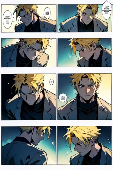 Anime guy with blonde hair close to dying in a fight, detailed expressions, manga page with panels and dialogue 