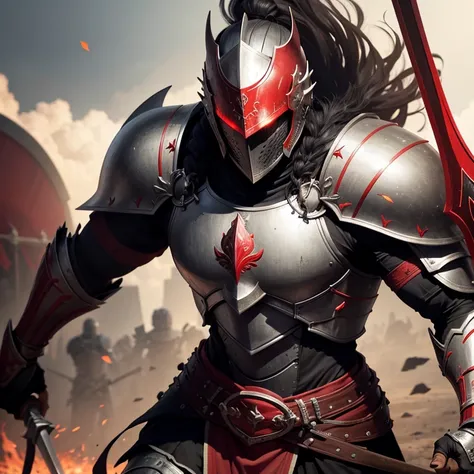 
A black skin male warrior knight wearing a red elaborated armor, holding an axe, thin athletic.
