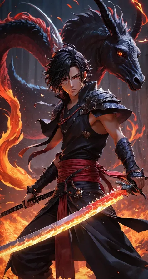 un personaje de anime con una espada en la mano y llamas a su alrededor, Arte conceptual de Yang J., ganador del concurso pixiv, fantasy art, anime rudo 8k, epic anime artwork, Fondo de pantalla manga 4k, anime wallaper, chico guapo en el arte de Demon Sla...