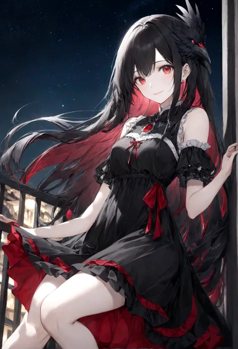 (top-quality)), ((​masterpiece)), ((ultra-detailliert)), (extremely delicate and beautiful), raven black hair, long straight hair, beautiful woman, gentle smile, ruby red eyes, black and white dress, knee length dress, jiraikei styled dress, night sky back...