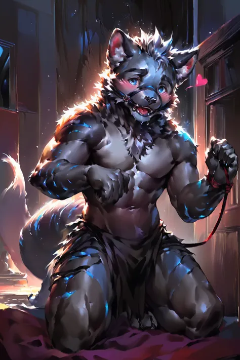 Correct proportion (((palpation (Perfect anatomical structure)))), ((Modern style bedroom）, juvenile，male，Strong body，Gray skin，Gray fur，Dragon Tail, Common, he himself,nude，Dark blue glowing stripes，，Black loincloth, Dark Skin， White, (author：Ken Kate), (...