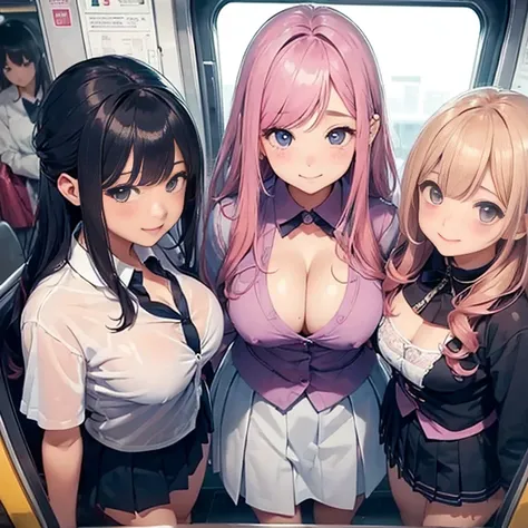 ((Top view、Girls Sandwich。See-through uniform、Open Wide Shirt、Cleavage Emphasis、Cleavage exposure、Pleated mini skirt))、Everyone is wearing different clothes、Random and cute faces、Pink Hair、Blue Hair、Blonde Hair、Quality skin texture、Fine eyes、highest qualit...