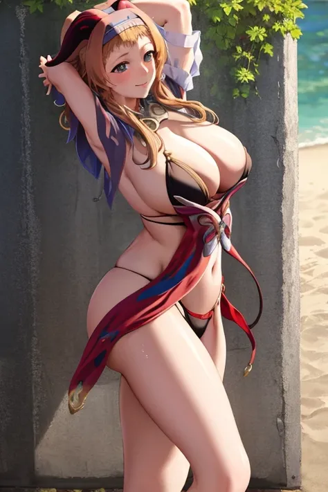 masterpiece, best quality, beautiful art, high resolution, well formed hands, body and fingers, 1 woman, solo, Ganyu, goat horns, adult, big breasted, cleavage, hair ribbon, wearing a Leina Vance outfit, loin cloth, full body, sexy and skimpy bikini armor,...