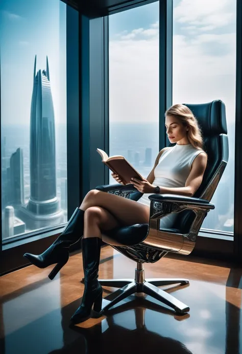 office in a skyscraper in a big city, cyborg woman sits in a luxurious chair and reads a book,  heavy men&#39;s boots, High quality, absurd, masterpiece, Beautiful, complex parts, 1/2 body trimmings, slender body, Beautiful figure, Magnificent Anatomy, (co...