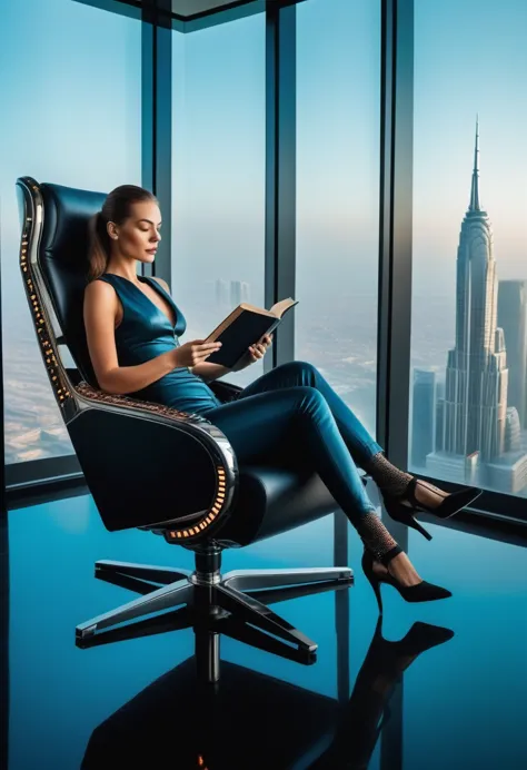 office in a skyscraper in a big city, cyborg woman sits in a luxurious chair and reads a book,  heavy men&#39;s boots, high qual...