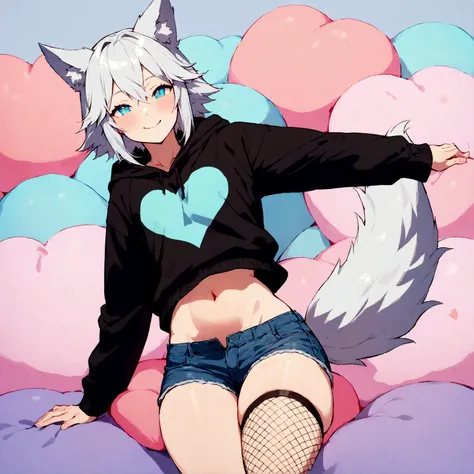 a cute adult male with wolf ears, white hair, has a wolf tail, wearing a loose cropped oversized black hoodie, wearing a pair of denim short shorts and fishnet stockings, thick thighs, wide hips, relaxing on mound of fluffy multi colored kawaii plushies, s...