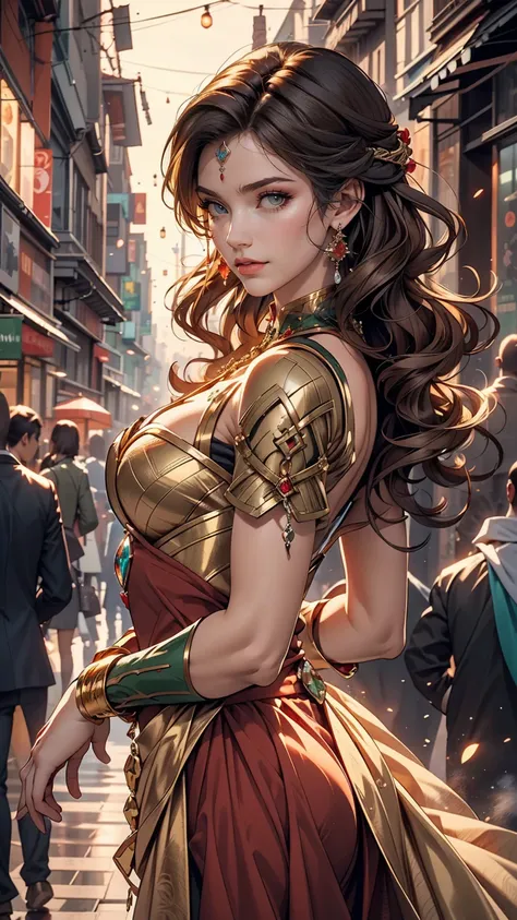 Solo artwork, 1 girl, Her red lips are parted in a seductive smile, The giant Collete Bombas, Bright green eyes, Tightly curled hair, Multicolored Siberian with gold and green highlights, Maroon base, Ombre effect, Reminiscent of Anna LeBeau from X-Men, Si...