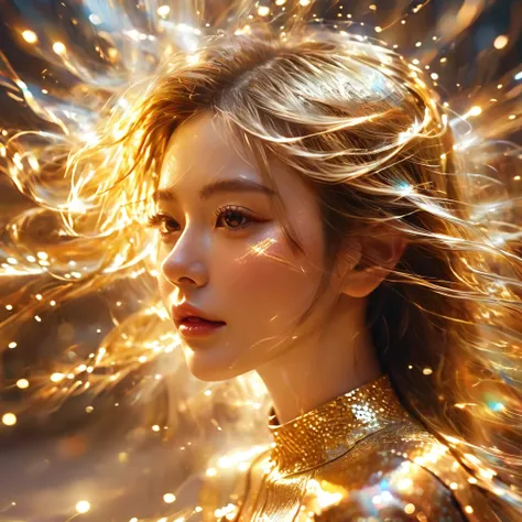 One girl，beautiful，Glittering，Motion Blur，triangle，Cinematic lighting effects，close，Detailed face，Golden