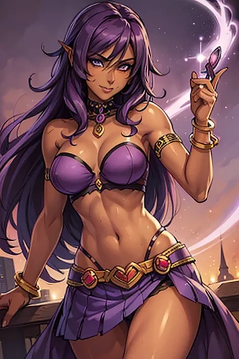 (best quality:1.3), (4K quality), (Detailed face:1.2), (Detailed eyes:1.2), ,Anime Style, solo, 1girl, 25 year old woman, sorceress, (dark skin:1.2), purple hair, wavy hair, long hair, purple eyes, mascaras, purple eyeshadow, smile, tattoos, medium breasts...