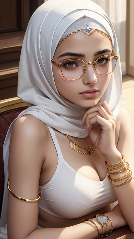 A high school glasses Iranian 17 years old girl model, white skin, sharp nose, thin lips, circle face, tight bra, wearing hijab, golden indian bangle and bracelet, golden necklace, golden swiss polo watch, kissing a man, squinting eyes, detailed horny face