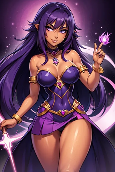 (best quality:1.3), (4K quality), (Detailed face:1.2), (Detailed eyes:1.2), ,Anime Style, solo, 1girl, 25 year old woman, sorceress, (dark skin:1.2), purple hair, wavy hair, long hair, purple eyes, mascaras, purple eyeshadow, smile, tattoos, medium breasts...