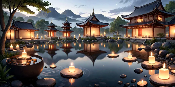 Candles and stones lit in the pond, Peaceful atmosphere, Zen Nature Background, Relaxed atmosphere, Relaxing environment, Calm evening atmosphere, Quiet landscape, Zen temple background, Relaxing concept art, Quiet and peaceful atmosphere, Warm and beautif...