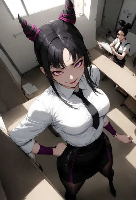 juri han, work of art, tight white secretary shirt with black tie, black high waist skirt, short skirt, black hair, black tights,evil smile,office,franja nos olhos,lighting,chifre de cabelos,view from above,olhando para cima,sentada,pernas cruzadas
